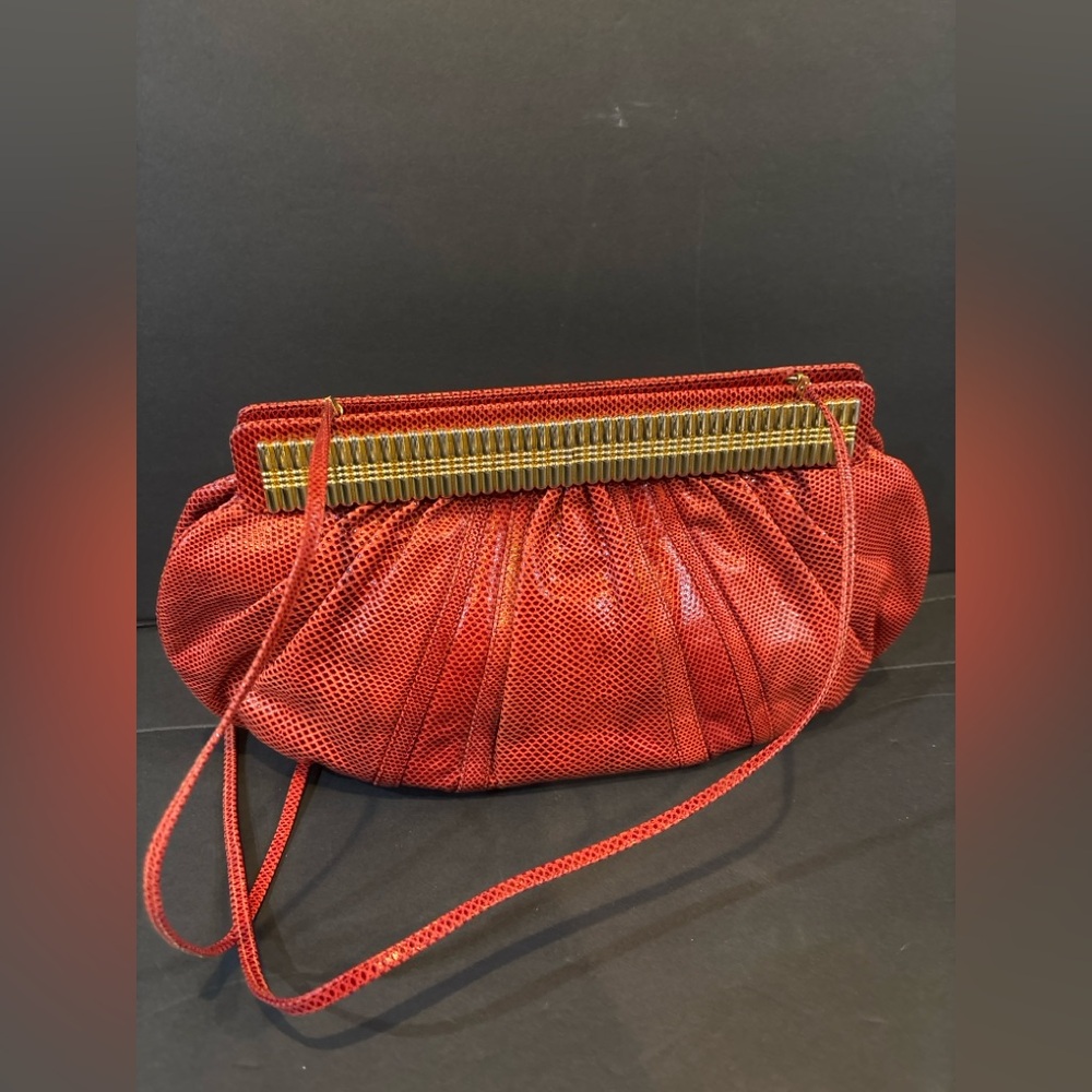 JUDITH LEIBER RED LIZARD SKIN LEATHER EVENING BAG